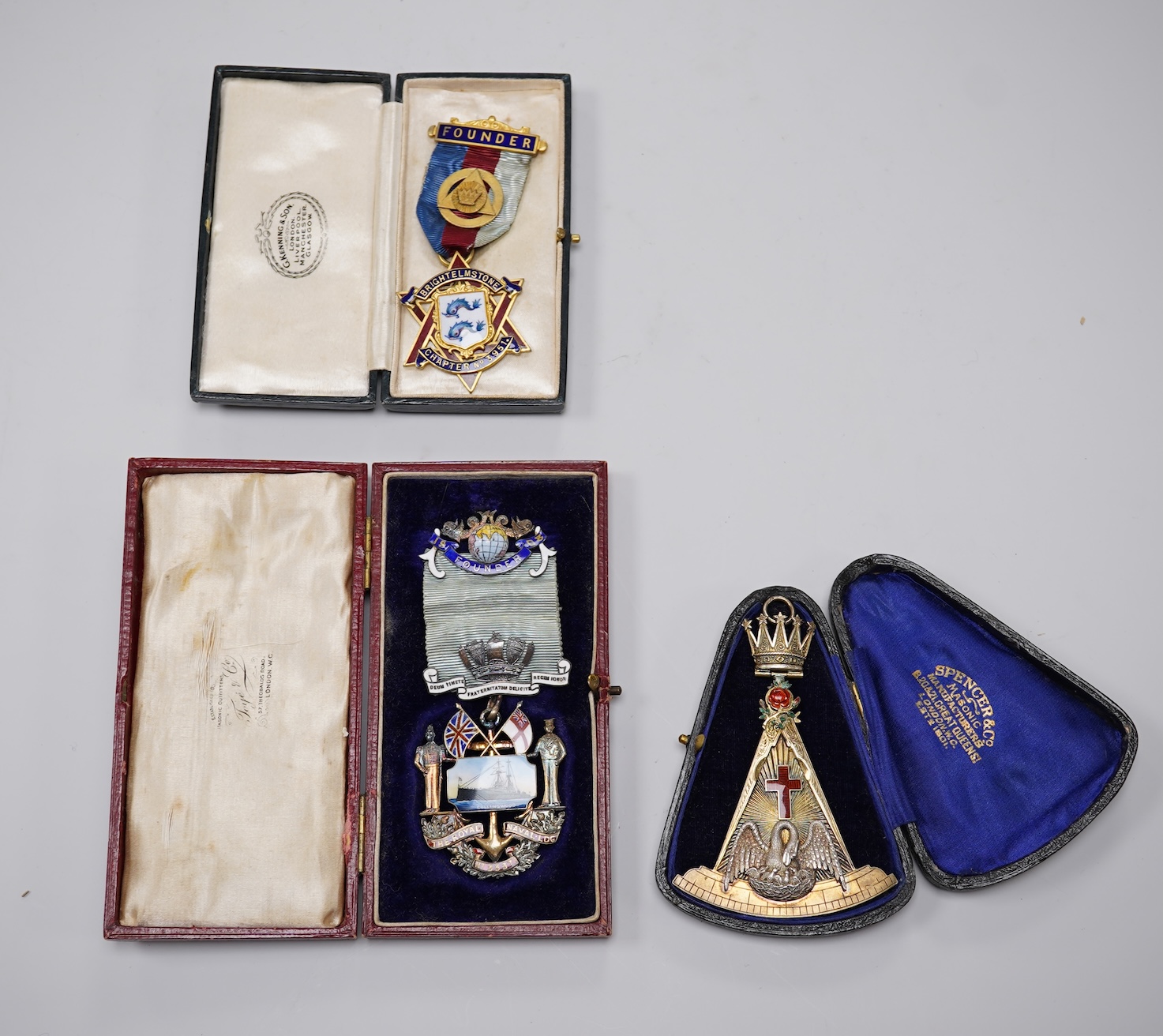 Three Masonic interest medallions / medals, each with enamelled decoration to include a silver gilt example for the Royal Naval Lodge, each cased